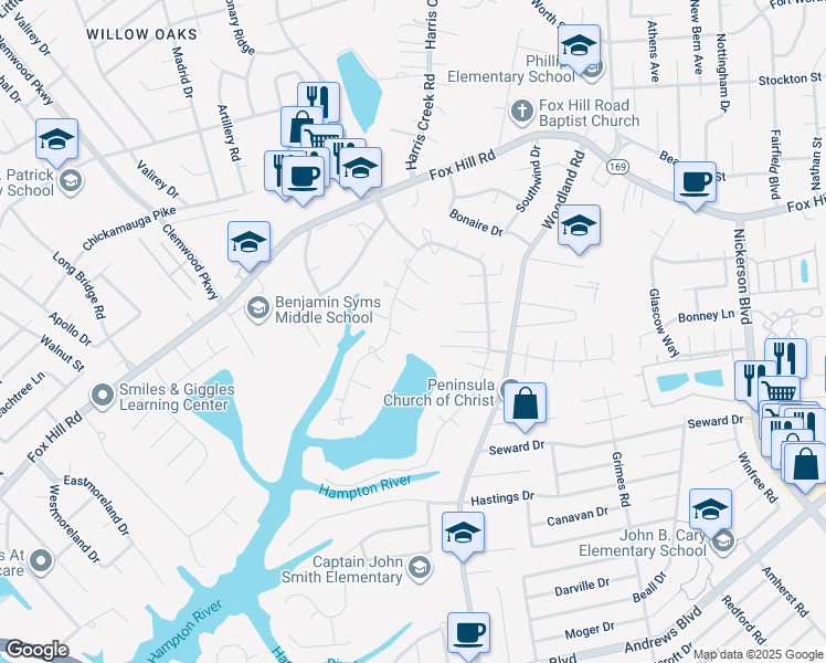 map of restaurants, bars, coffee shops, grocery stores, and more near 335 Brandon Ct in Hampton