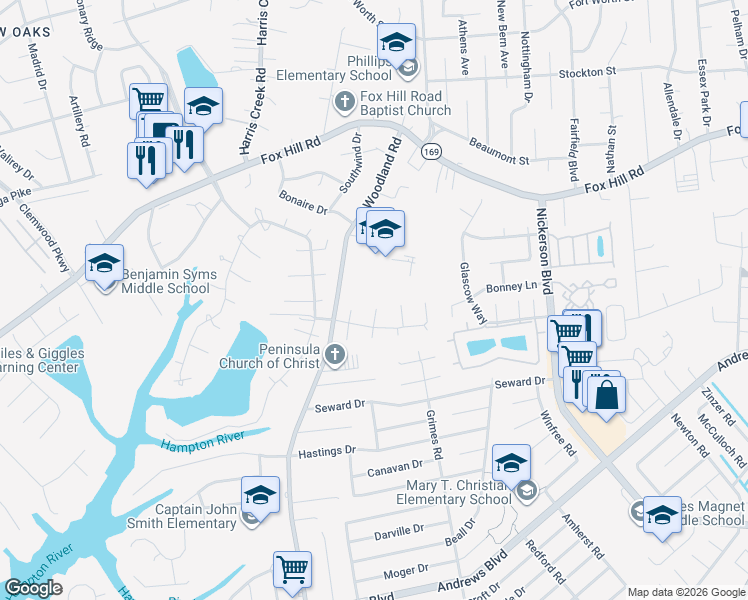 map of restaurants, bars, coffee shops, grocery stores, and more near 515 Timberneck Court in Hampton