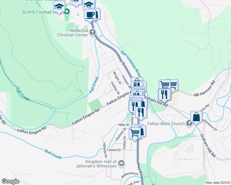 map of restaurants, bars, coffee shops, grocery stores, and more near 6339 Ashley Street in Felton