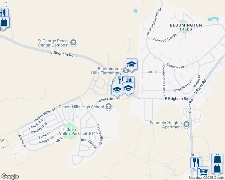map of restaurants, bars, coffee shops, grocery stores, and more near 3239 South 840 East in St. George