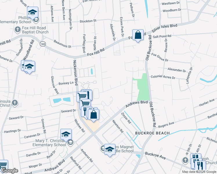 map of restaurants, bars, coffee shops, grocery stores, and more near 1 Travis Circle in Hampton