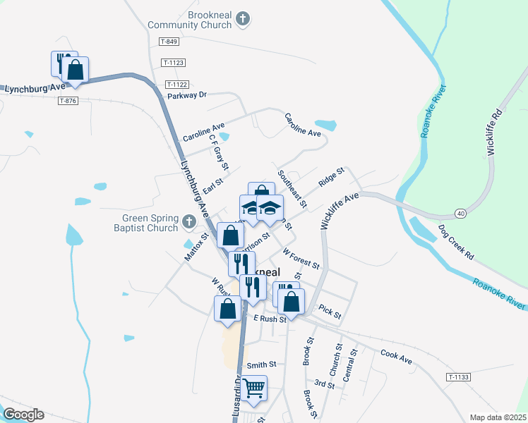 map of restaurants, bars, coffee shops, grocery stores, and more near 400-498 W Forest St in Brookneal