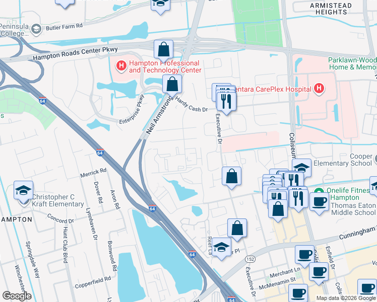 map of restaurants, bars, coffee shops, grocery stores, and more near 24 Pacific Drive in Hampton