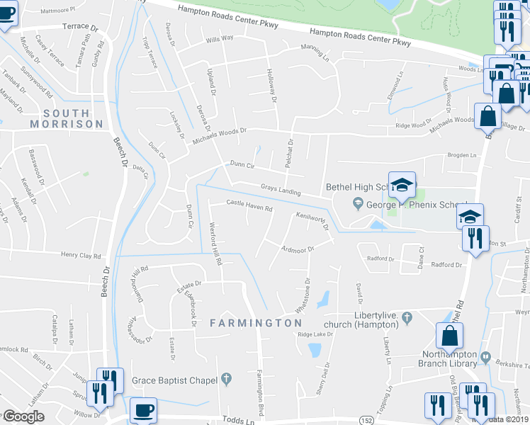 map of restaurants, bars, coffee shops, grocery stores, and more near 16 Castle Haven Road in Hampton