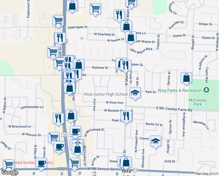 map of restaurants, bars, coffee shops, grocery stores, and more near 704 Fairway in Nixa