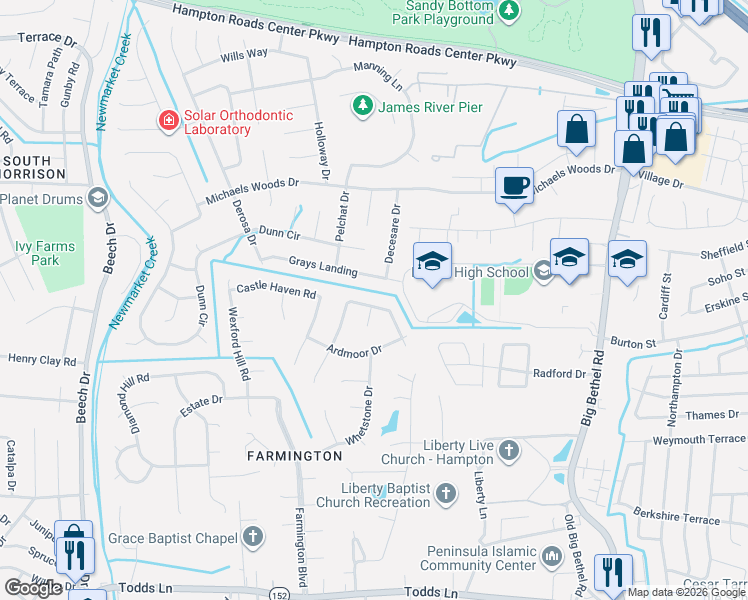 map of restaurants, bars, coffee shops, grocery stores, and more near 16 Kenilworth Drive in Hampton
