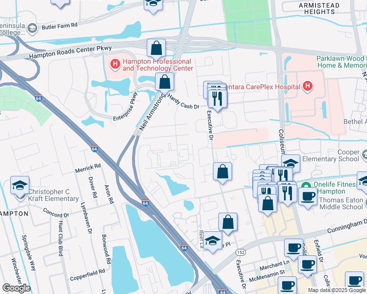 map of restaurants, bars, coffee shops, grocery stores, and more near 18 Pacific Drive in Hampton