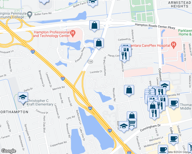 map of restaurants, bars, coffee shops, grocery stores, and more near 126 Wells Court in Hampton