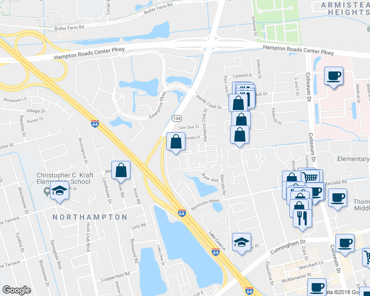 map of restaurants, bars, coffee shops, grocery stores, and more near 202 Wells Court in Hampton