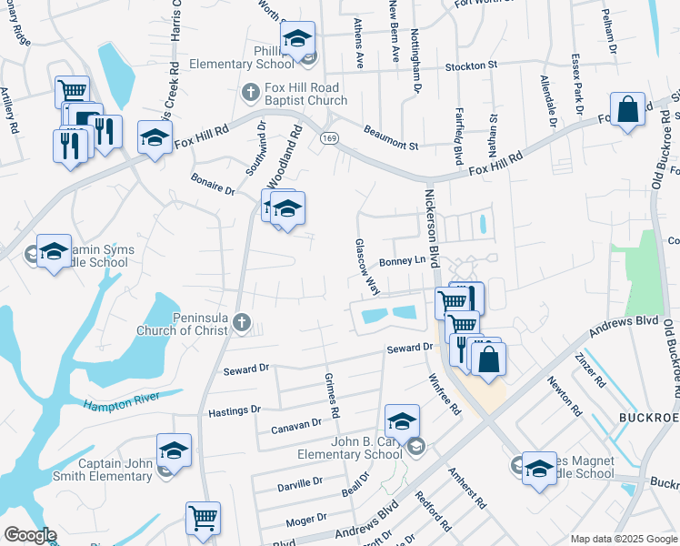 map of restaurants, bars, coffee shops, grocery stores, and more near 7 Bonney Lane in Hampton