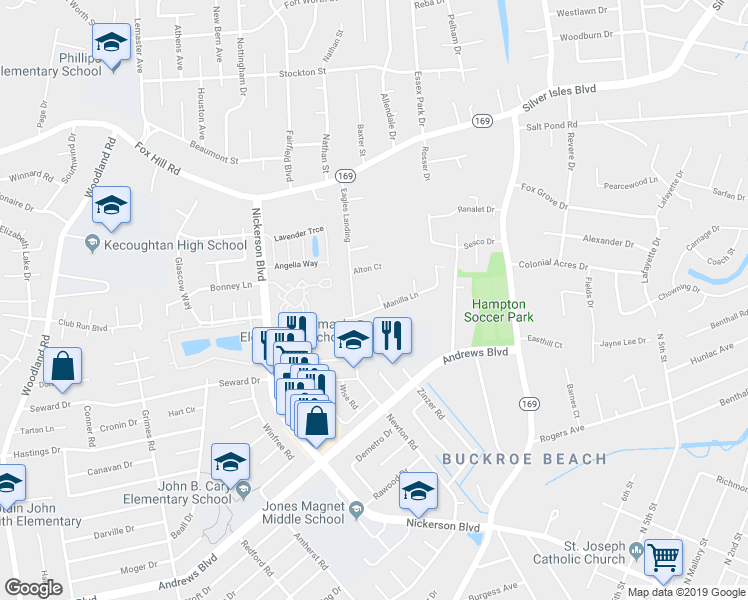 map of restaurants, bars, coffee shops, grocery stores, and more near 1 Travis Circle in Hampton