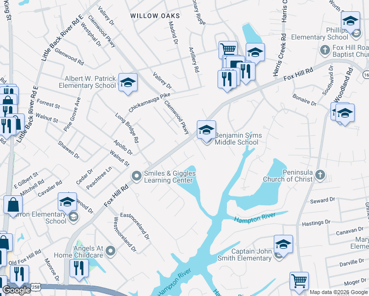 map of restaurants, bars, coffee shops, grocery stores, and more near 6 Lake Erie Court in Hampton