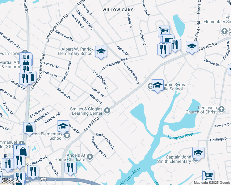 map of restaurants, bars, coffee shops, grocery stores, and more near 106 Quaker Road in Hampton