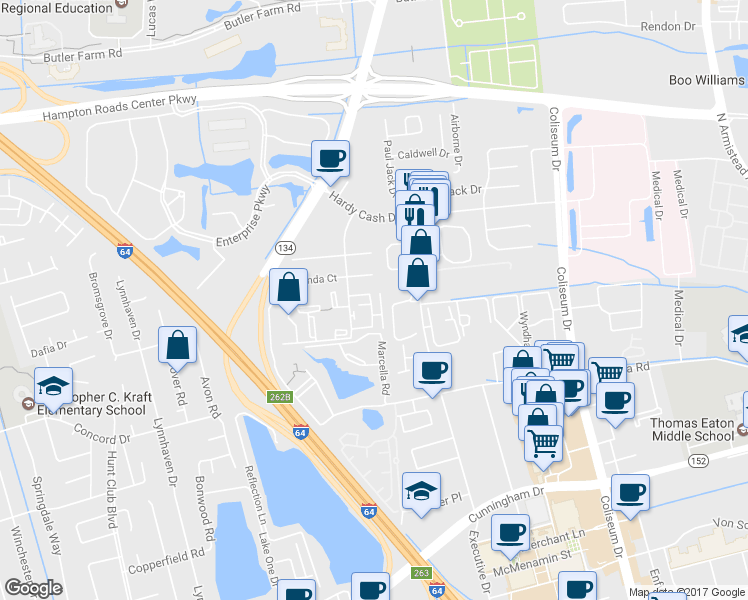 map of restaurants, bars, coffee shops, grocery stores, and more near 24 Pacific Drive in Hampton