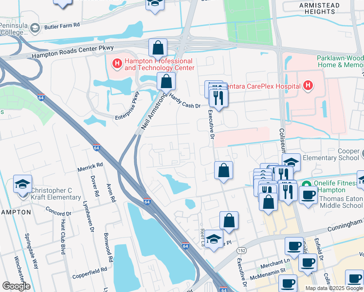 map of restaurants, bars, coffee shops, grocery stores, and more near 24 Pacific Drive in Hampton