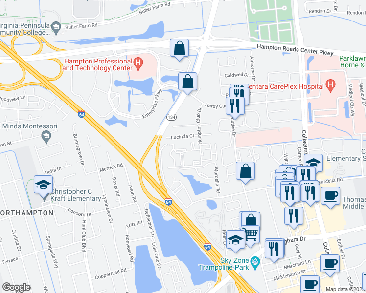 map of restaurants, bars, coffee shops, grocery stores, and more near 131 Haverford Court in Hampton