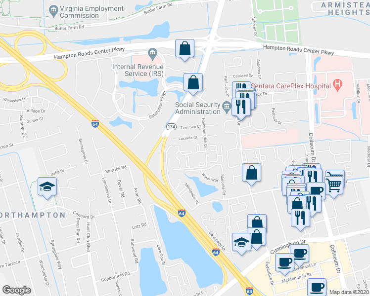 map of restaurants, bars, coffee shops, grocery stores, and more near 202 Wells Court in Hampton