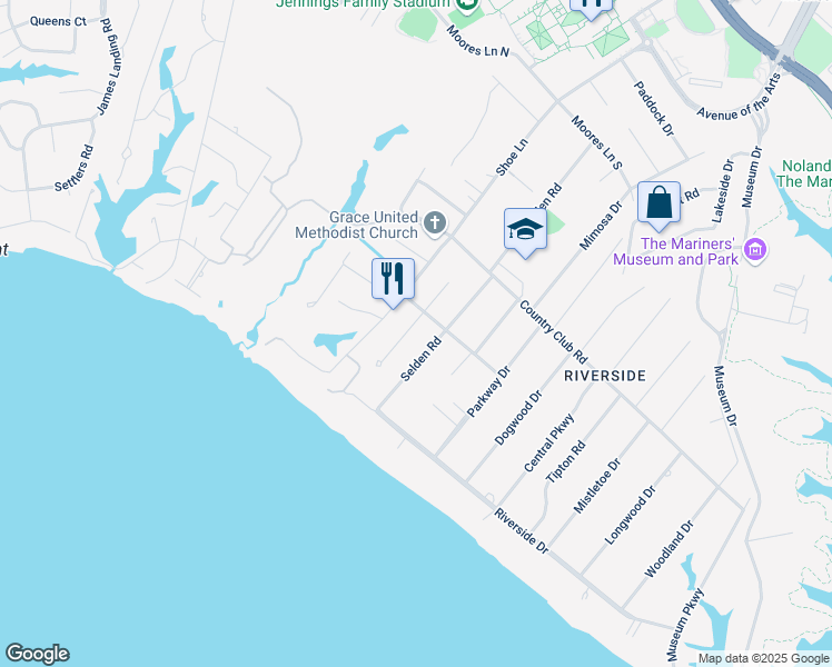 map of restaurants, bars, coffee shops, grocery stores, and more near 10 Sir Francis Wyatt Place in Newport News