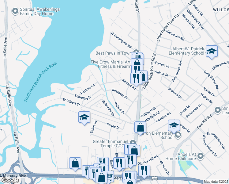 map of restaurants, bars, coffee shops, grocery stores, and more near 32 Westover Street in Hampton