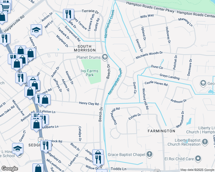 map of restaurants, bars, coffee shops, grocery stores, and more near 564 Beech Drive in Newport News
