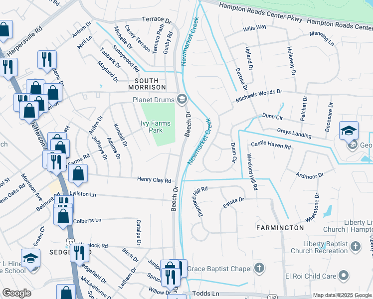 map of restaurants, bars, coffee shops, grocery stores, and more near 564 Beech Drive in Newport News