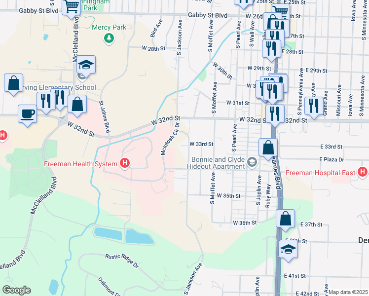 map of restaurants, bars, coffee shops, grocery stores, and more near 3306 South Jackson Avenue in Joplin