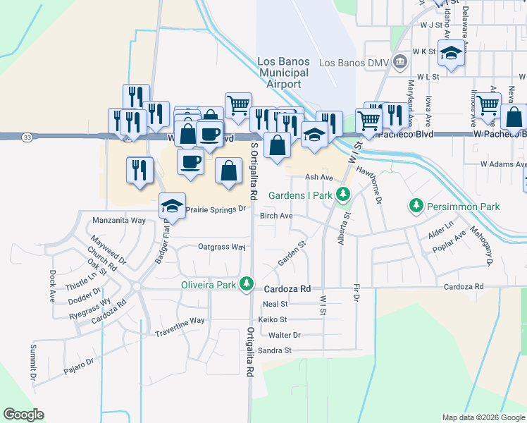 map of restaurants, bars, coffee shops, grocery stores, and more near 908 Lilac Court in Los Banos