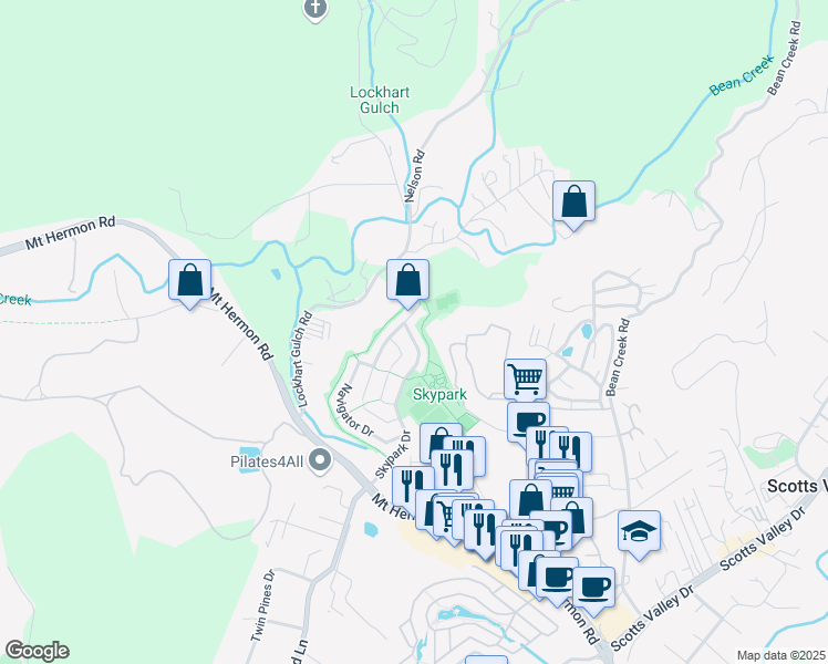 map of restaurants, bars, coffee shops, grocery stores, and more near 590 Skypark Drive in Scotts Valley