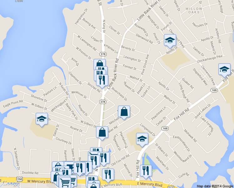 map of restaurants, bars, coffee shops, grocery stores, and more near 30 Riverchase Drive in Hampton