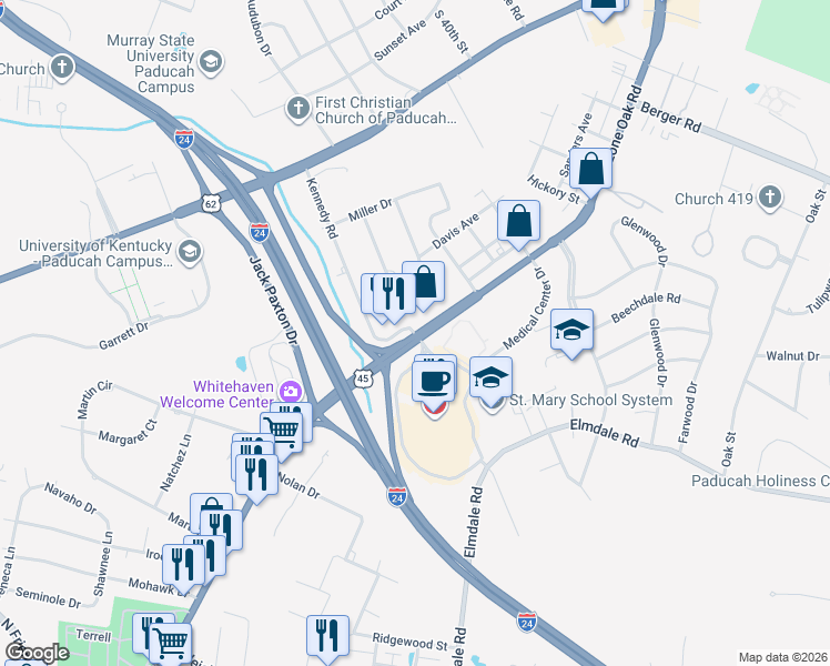 map of restaurants, bars, coffee shops, grocery stores, and more near 399 Kennedy Rd in Paducah