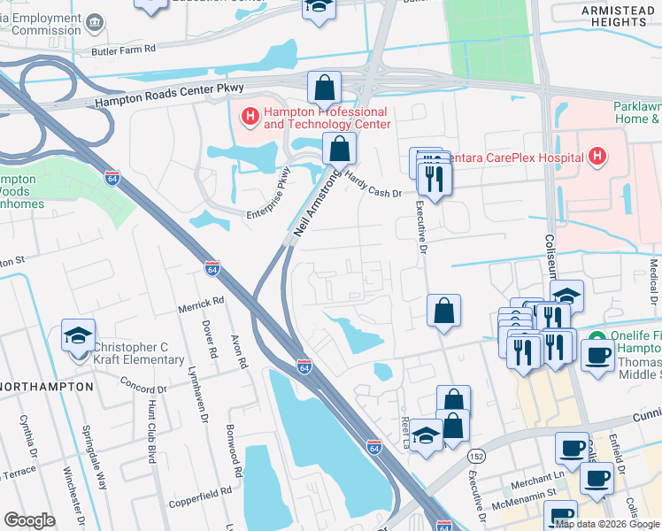map of restaurants, bars, coffee shops, grocery stores, and more near 131 Haverford Court in Hampton