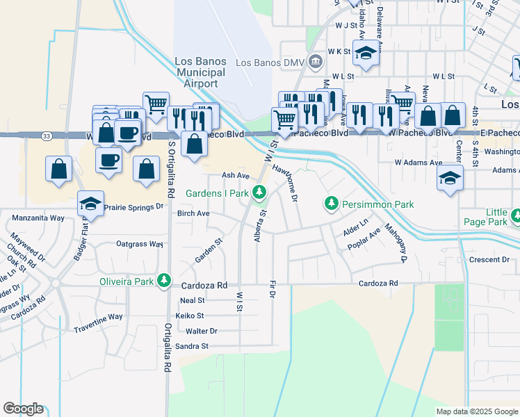 map of restaurants, bars, coffee shops, grocery stores, and more near 1552 West I Street in Los Banos