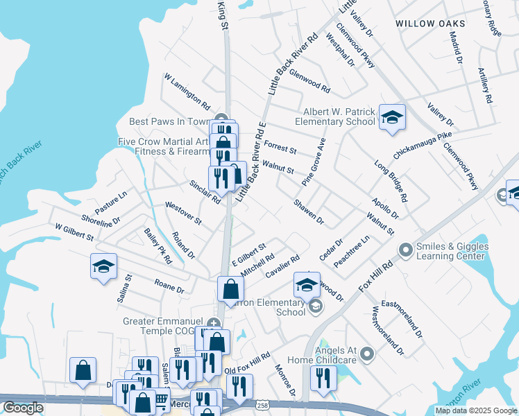 map of restaurants, bars, coffee shops, grocery stores, and more near 30 Riverchase Drive in Hampton