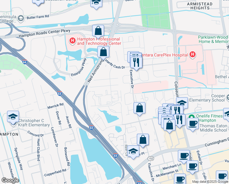 map of restaurants, bars, coffee shops, grocery stores, and more near Pacific Drive in Hampton