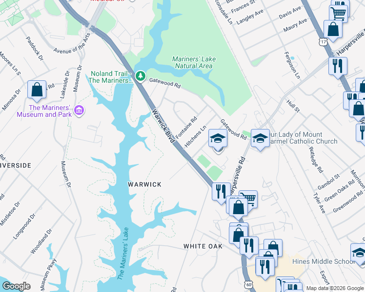 map of restaurants, bars, coffee shops, grocery stores, and more near 90 Hitchens Lane in Newport News