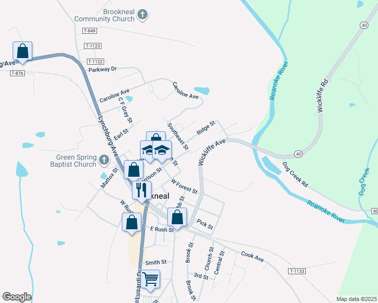 map of restaurants, bars, coffee shops, grocery stores, and more near 104 Daniel Street in Brookneal