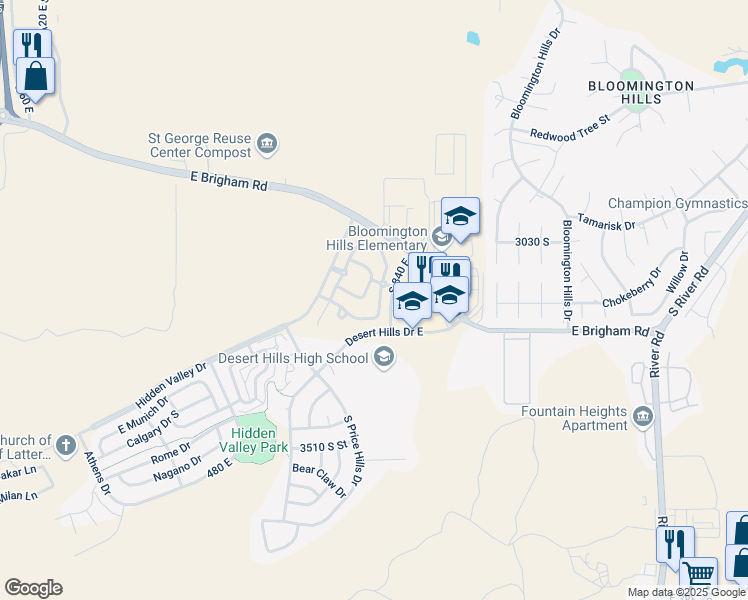 map of restaurants, bars, coffee shops, grocery stores, and more near 3155 South Hidden Valley Drive in St. George