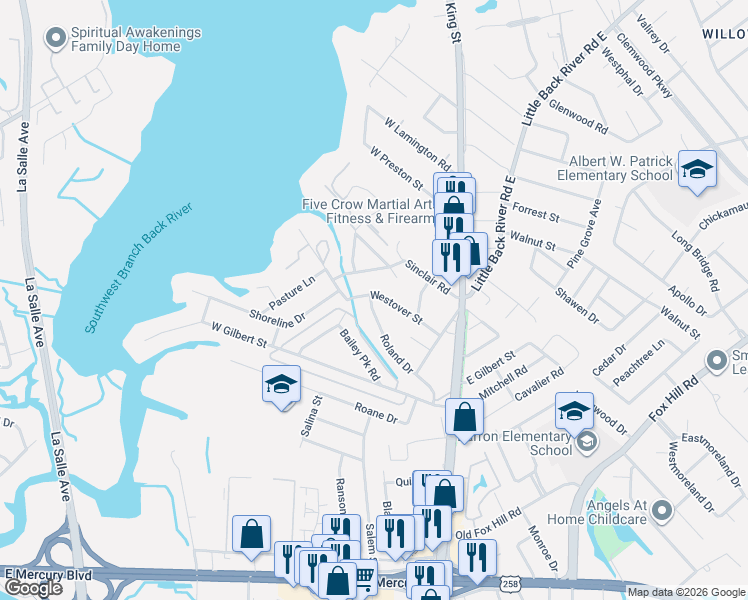 map of restaurants, bars, coffee shops, grocery stores, and more near 40 Westover Street in Hampton