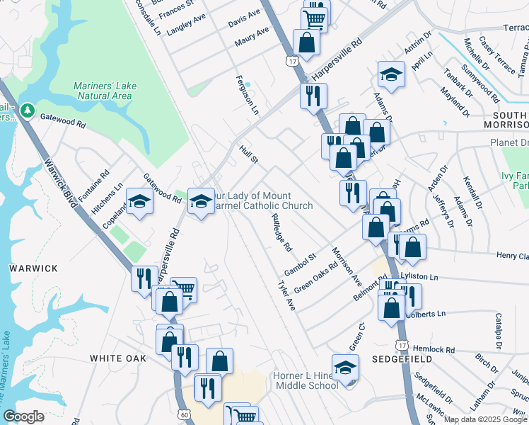 map of restaurants, bars, coffee shops, grocery stores, and more near 9 Rutledge Road in Newport News
