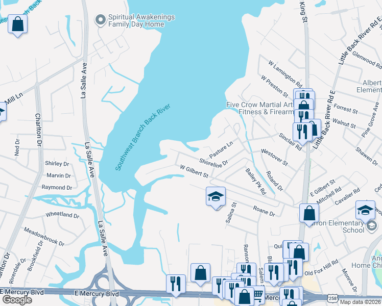 map of restaurants, bars, coffee shops, grocery stores, and more near 415 Shoreline Drive in Hampton