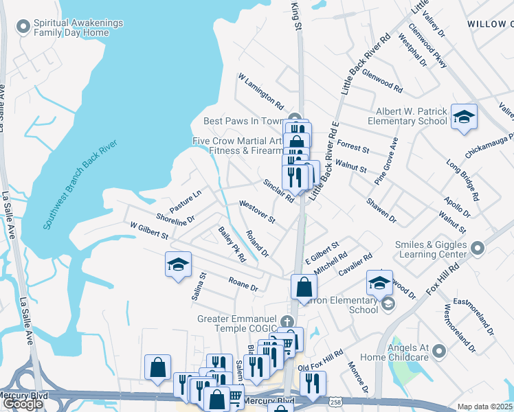 map of restaurants, bars, coffee shops, grocery stores, and more near 25 Westover Street in Hampton