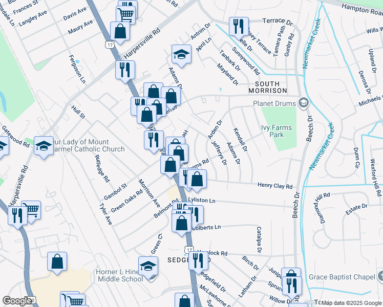 map of restaurants, bars, coffee shops, grocery stores, and more near 94 Gum Grove Drive in Newport News