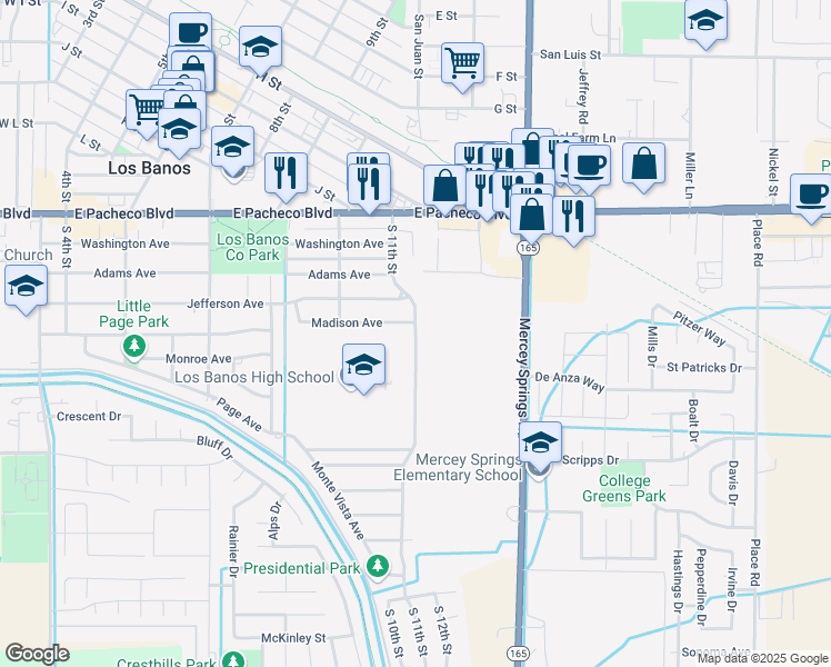 map of restaurants, bars, coffee shops, grocery stores, and more near 1717 South 11th Street in Los Banos