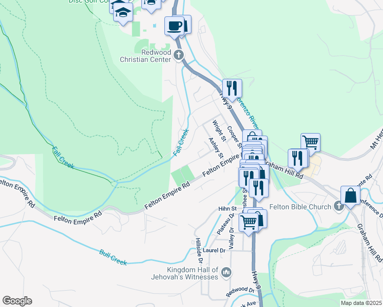 map of restaurants, bars, coffee shops, grocery stores, and more near 384 Blair Street in Felton