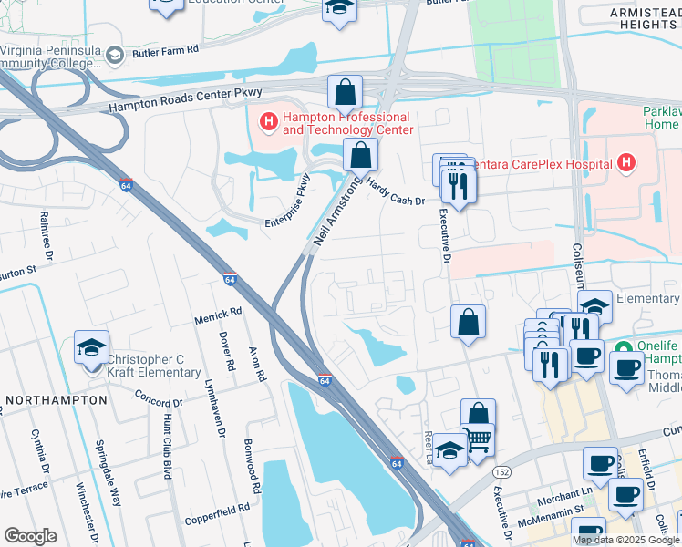 map of restaurants, bars, coffee shops, grocery stores, and more near 346 Wells Court in Hampton
