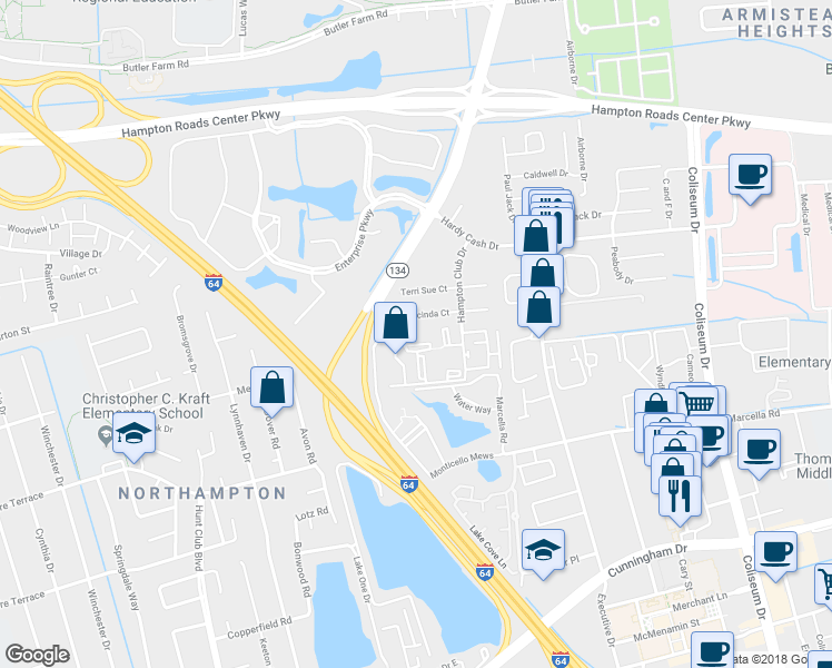 map of restaurants, bars, coffee shops, grocery stores, and more near 230 Wells Court in Hampton