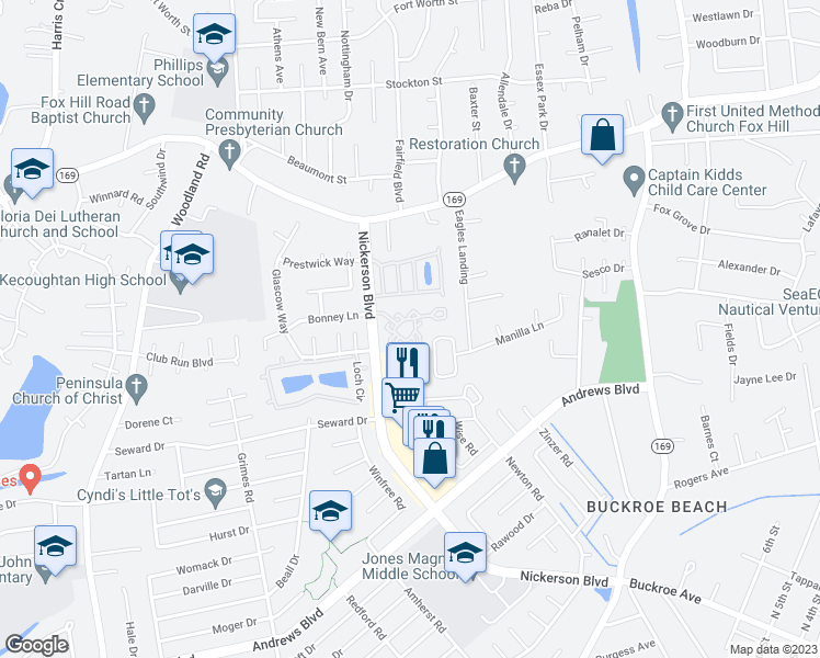 map of restaurants, bars, coffee shops, grocery stores, and more near 102 Ferry Landing Lane in Hampton