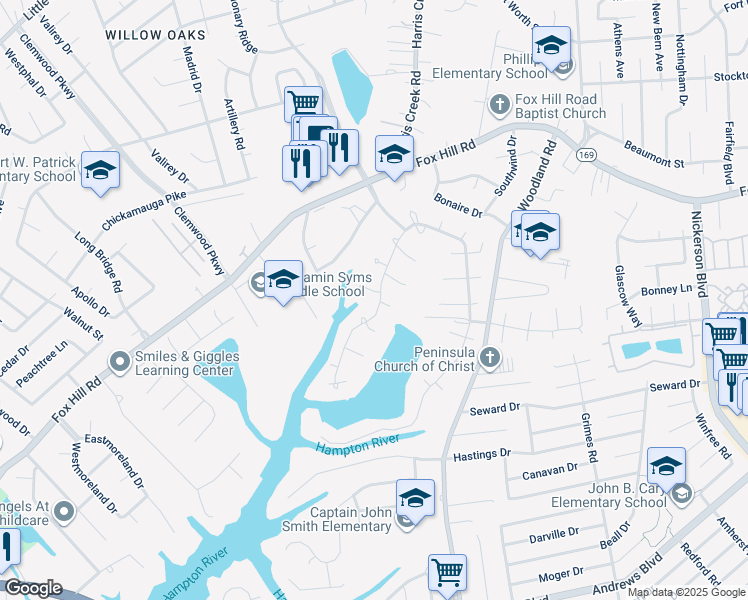 map of restaurants, bars, coffee shops, grocery stores, and more near 332 Swanns Point Circle in Hampton