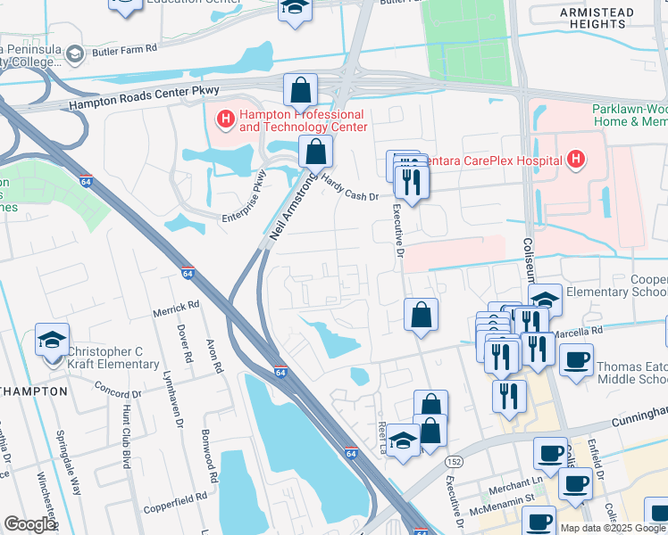 map of restaurants, bars, coffee shops, grocery stores, and more near 131 Haverford Court in Hampton