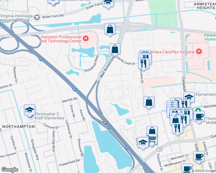 map of restaurants, bars, coffee shops, grocery stores, and more near 159 Cape Dorey Drive in Hampton